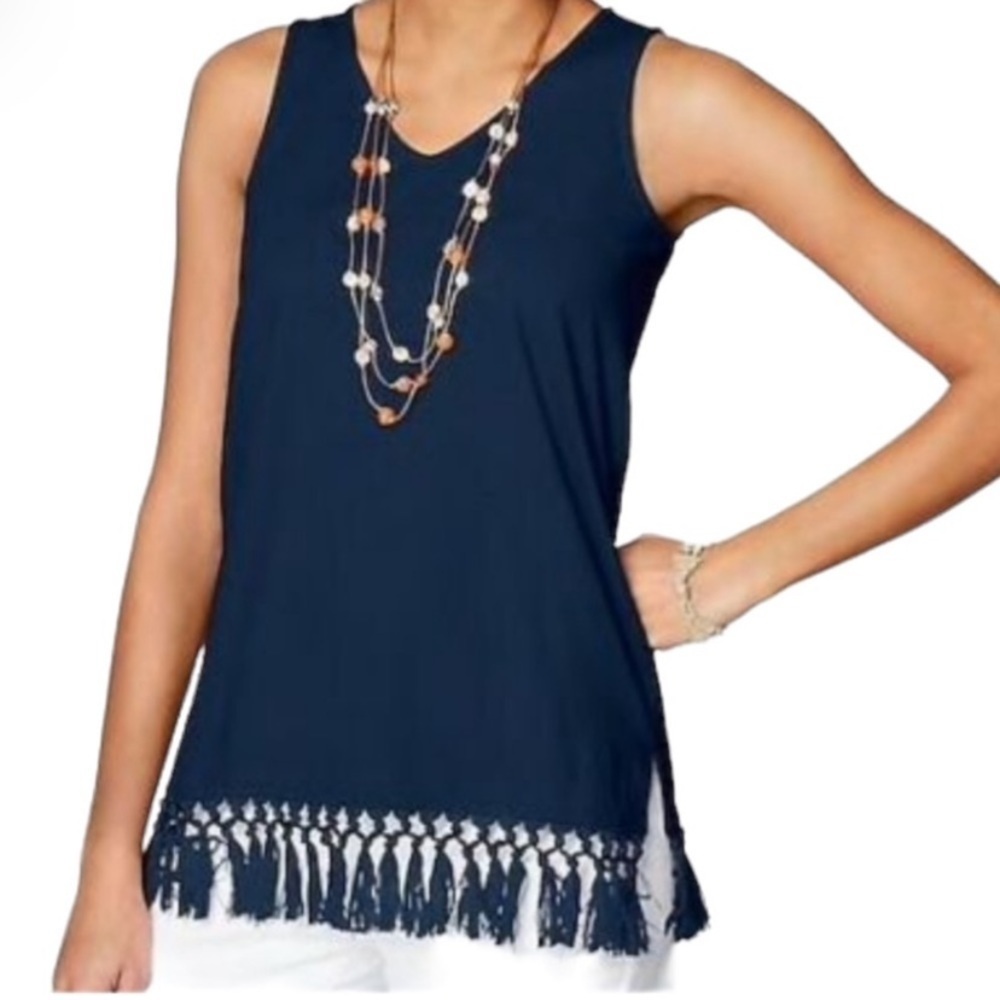 J. Jill Navy Tassel V Neck Tank